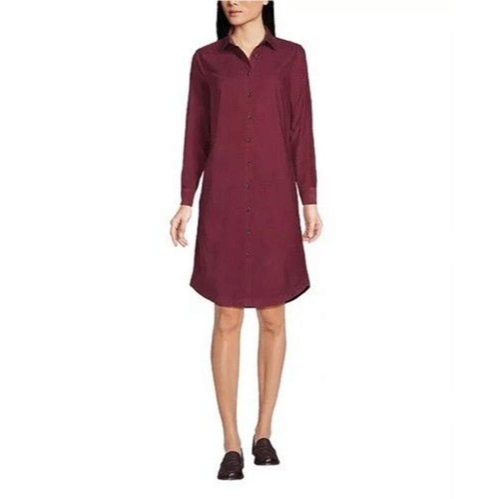 Lands End Pinwale Burgundy Corduroy Button Shirt Dress Okeo-Tex Cotton Women's S